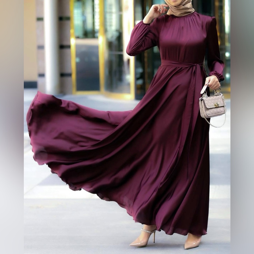 Wine Satin Long Sleeve Dress